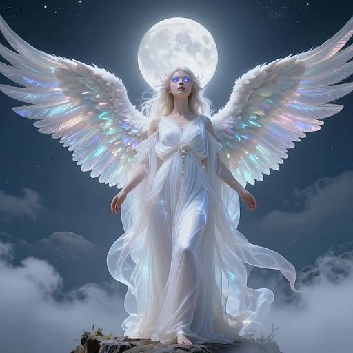 Digital artwork of a glowing white angel with iridescent wings, wearing a flowing white gown, standing on a rock under a bright full moon in a