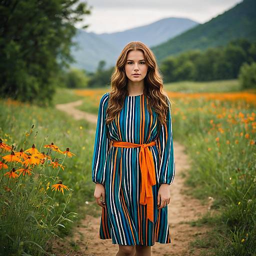 Young Woman in Striped Dress in Countryside