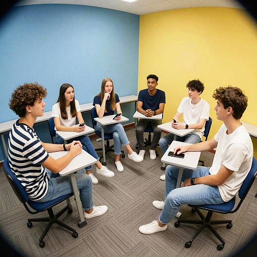 Casual Young Adults in Colorful Classroom