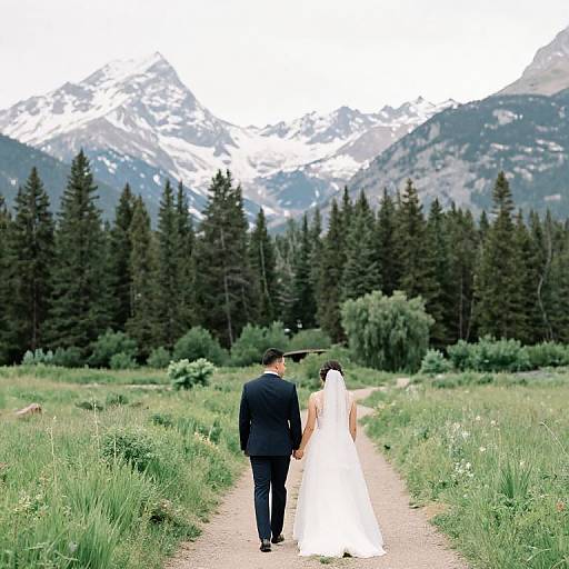 Photograph of a bride in a white gown and veil, and groom in a black suit, walking hand-in-hand down a grassy path towards a