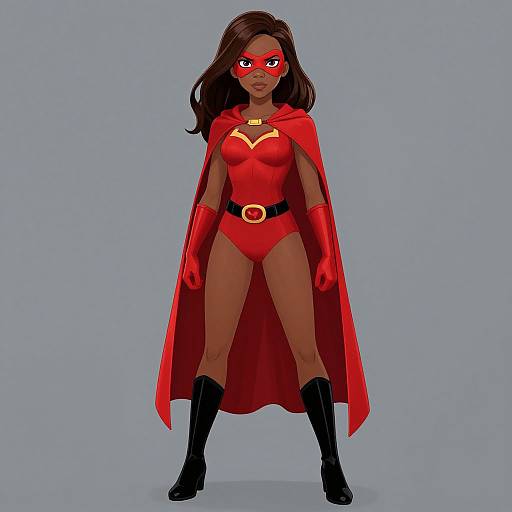 Digital art of a confident Black woman superhero with red mask, bodysuit, cape, gloves, and boots, standing against a gray background.