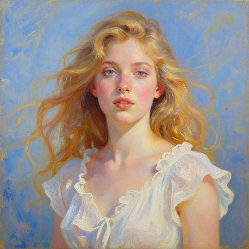 Digital painting of a young blonde woman with wavy hair, blue eyes, and fair skin, wearing a white, ruffled blouse, against a blue