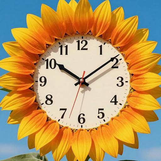 Photograph of a bright yellow sunflower with orange petals, serving as a clock face, showing 10:10 against a clear blue sky.