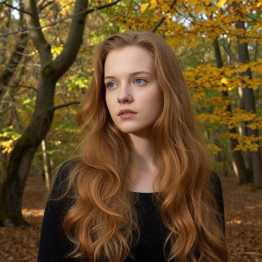 Photograph of a fair-skinned, blue-eyed young woman with long, wavy auburn hair, wearing a black top, standing in a