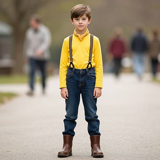 Photograph of a young boy in a bright yellow shirt, dark blue overalls, brown boots, standing on a blurred park path.