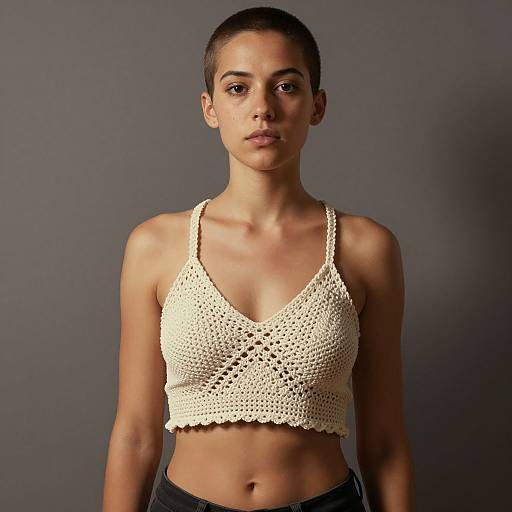 Photograph of a young woman with short hair, medium brown skin, wearing a white crocheted tank top and dark pants, against a gray background