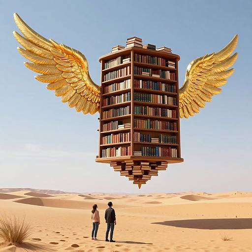 Digital artwork of a floating, winged library building with golden wings over a desert, viewed by two silhouetted people.