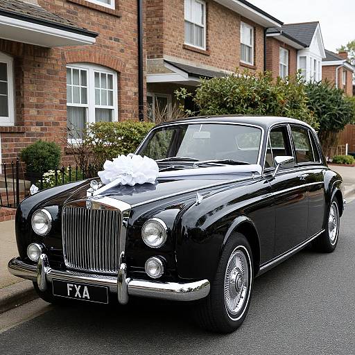 Photograph of a shiny black classic Rolls-Royce with white wedding decorations, parked on a suburban street with brick houses.