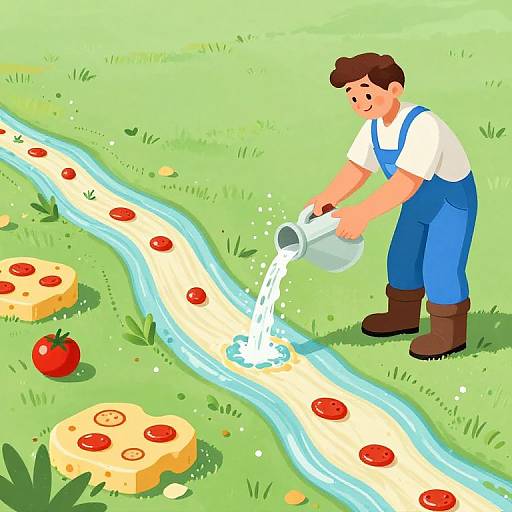 Cartoon illustration of a man in blue overalls pouring water from a pitcher into a tomato-filled stream, surrounded by cheese and tomatoes. Green grass background