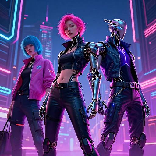 Cyberpunk trio: pink-haired woman, blue-haired woman in pink jacket, and robotic man in black leather, standing in neon-lit cityscape