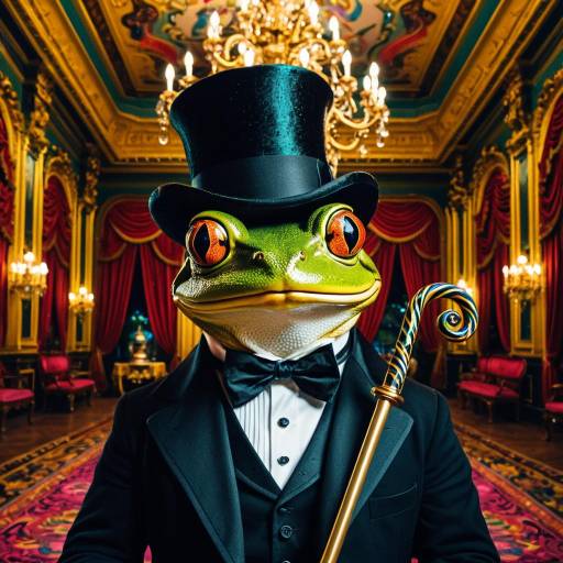 Elegant Frog in Top Hat with Cane in Ornate Ballroom