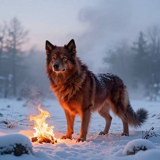 Photograph of a fierce, brown and black wolf standing in snowy forest, illuminated by a small, bright campfire in the foreground.