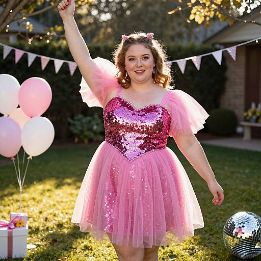 Photograph of a smiling, fair-skinned woman with brown hair, wearing a pink sequin heart top and tulle skirt, raising her arm outdoors