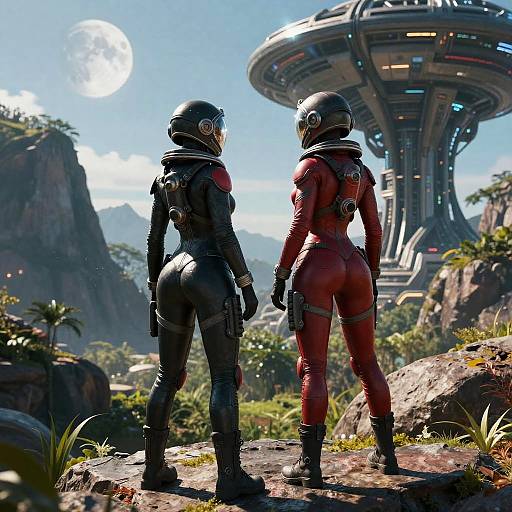 Two Female Space Soldiers by Futuristic Alien Structure