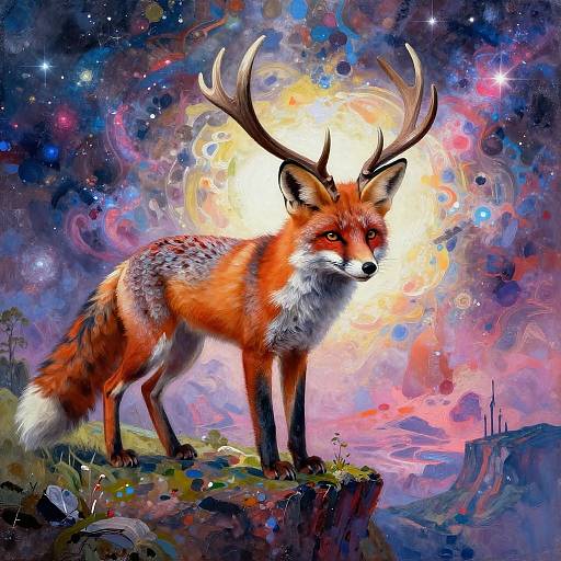 Digital painting of a regal, red fox with antlers standing on a cliff, surrounded by a vibrant, cosmic, multicolored sky.