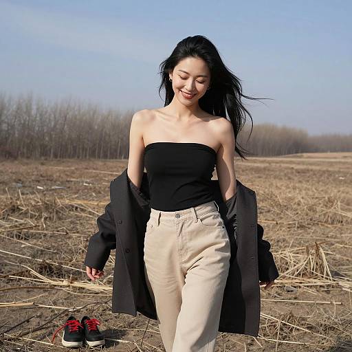 Smiling Asian Woman in Dry Field
