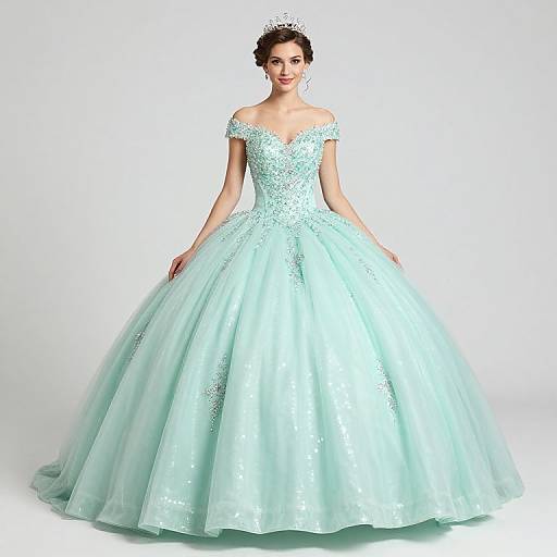 Photograph of a smiling woman in an off-shoulder, light turquoise ball gown with sparkling embellishments, wearing a tiara, standing against a