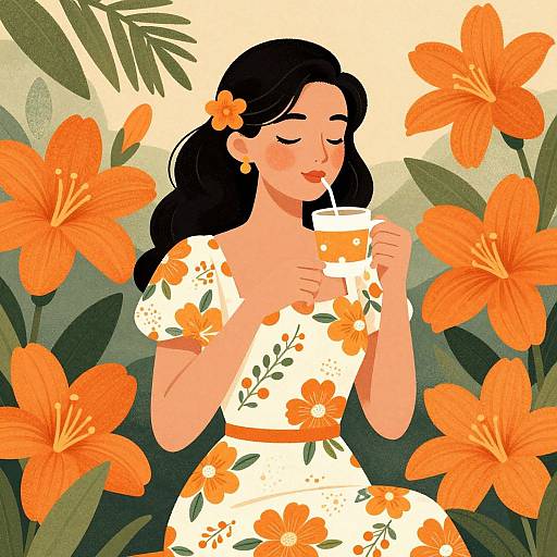 Digital illustration of a smiling woman with long black hair, wearing a white floral dress, sipping from a cup amidst vibrant orange lilies.