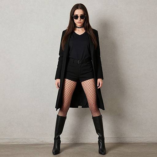 Photograph of a slender woman with long brown hair, wearing black sunglasses, choker, long jacket, black shorts, fishnet tights, and