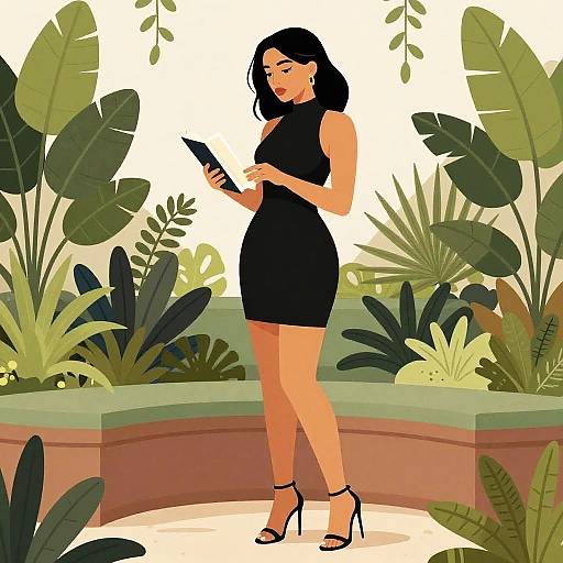 Woman in Black Bodycon Dress in Garden Nook