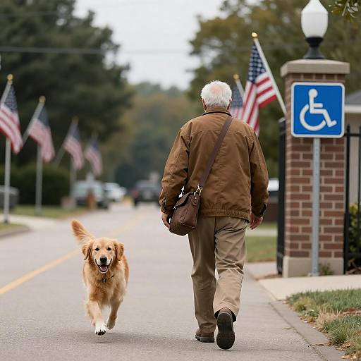 Elderly Man Walking Dog on Paved Road