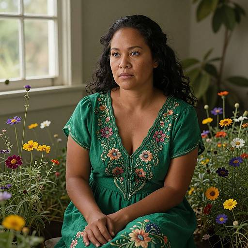 Photograph of a curly-haired, dark-skinned woman in a green embroidered dress, sitting among vibrant flowers in a sunlit room.