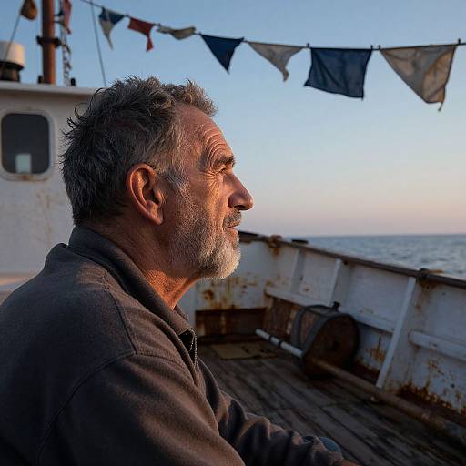 Photograph of a gray-haired, bearded man in profile, wearing a brown jacket, on a rusty boat deck at sunset, with bunting overhead