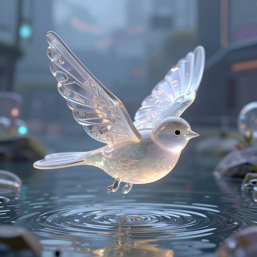 Photograph of a glowing, translucent glass bird with intricate designs, mid-flight over a rippling water surface, illuminated by soft blue light. Urban background