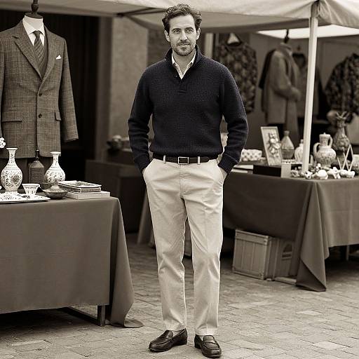 Photograph of a bearded man in a dark sweater and white pants, standing confidently at an outdoor market stall with vintage clothing and decorative items.