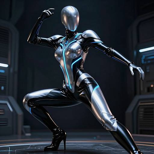 Glossy, futuristic, metallic android in a sleek, black-and-silver bodysuit and high heels, poses dynamically in a dimly-l