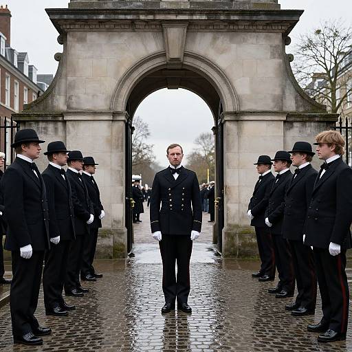 Photograph of a solemn, central male figure in black formal attire flanked by eight similarly dressed men in black suits and hats, standing under a stone