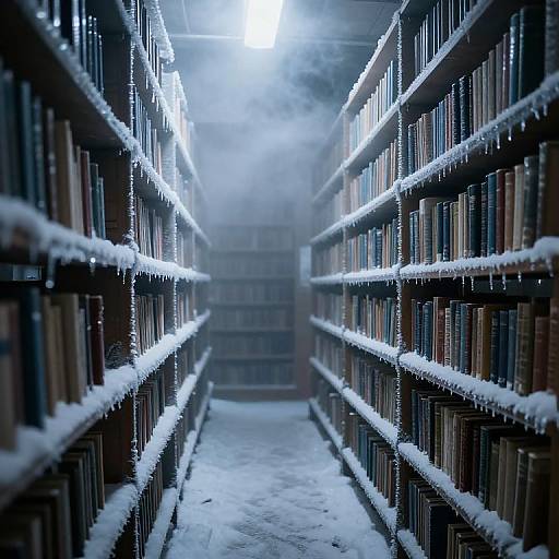 Frosty Library with Snow-Covered Shelves