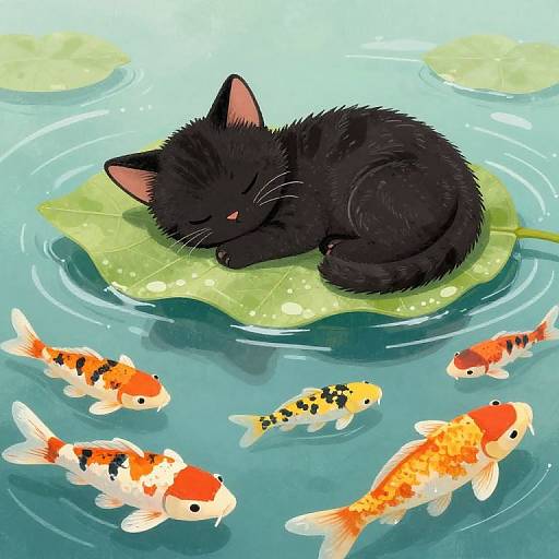 Tiny Kitten Asleep on Pond Leaf