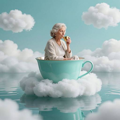 Elderly woman with white hair, wearing beige robe, sips tea from a cup in a giant turquoise cupboat, floating on clouds against a