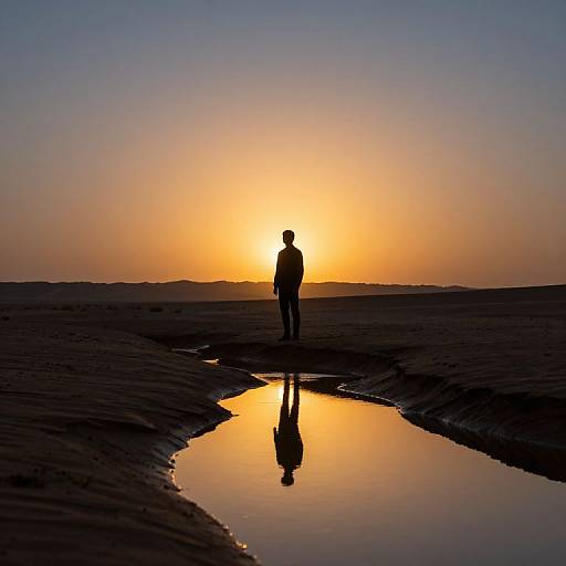 Silhouetted figure standing by reflective pool at sunset, golden sky, dark landscape, serene scene, photograph.