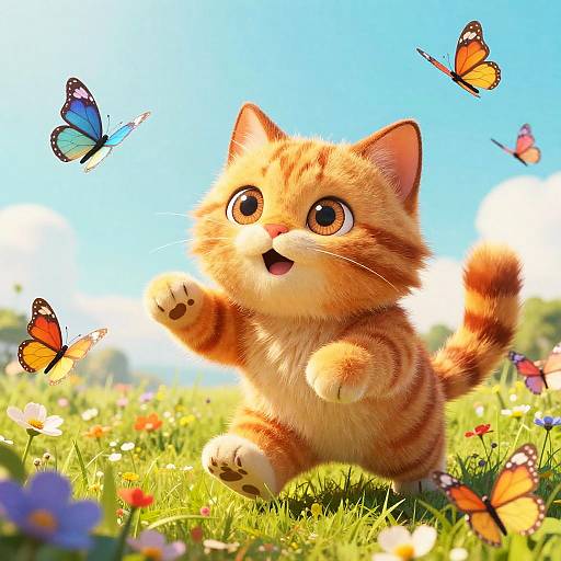 Adorable orange tabby kitten with wide eyes joyfully chases colorful butterflies in a vibrant, sunny meadow filled with flowers. Digital illustration.