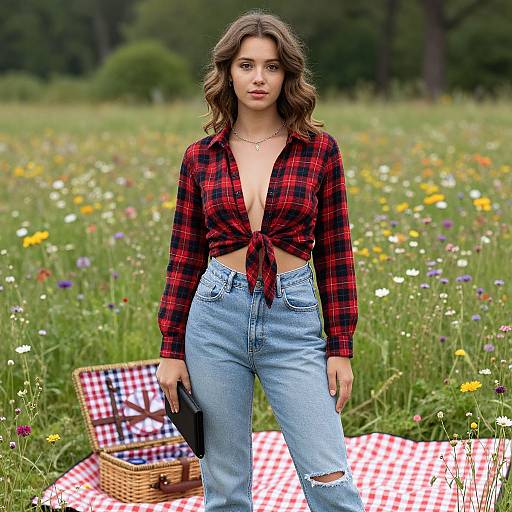 Photograph of a young woman with wavy brown hair, wearing a red plaid shirt tied at the front, light blue high-waisted jeans