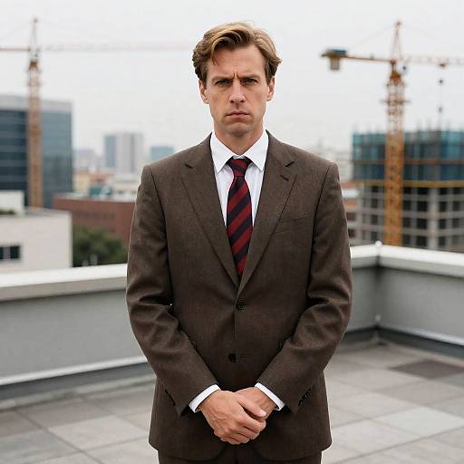Serious Man in Brown Suit on Rooftop