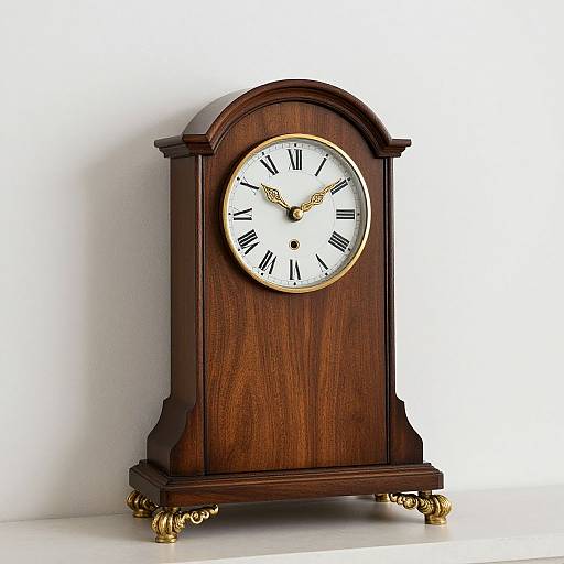 Photograph of a vintage, dark wooden, arched-top clock with a white face, black Roman numerals, gold accents, and ornate brass