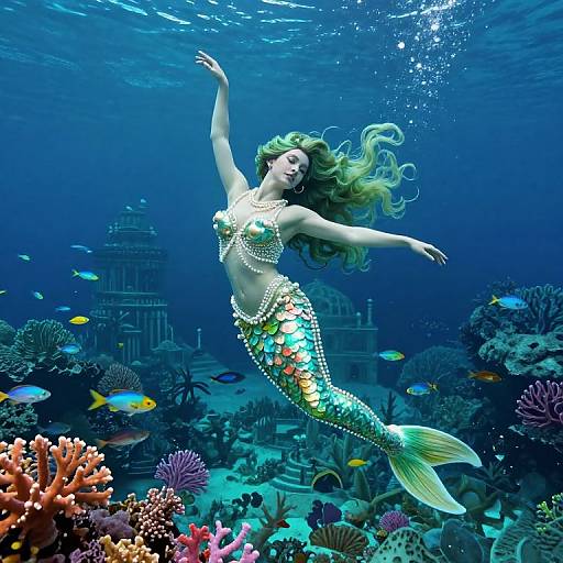 Photorealistic underwater image of a beautiful mermaid with flowing blonde hair, colorful scales, and pearl necklace, dancing amidst vibrant coral reefs and schools of