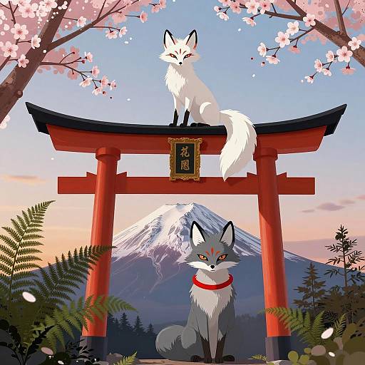 Serene Foxes Under Cherry Blossoms