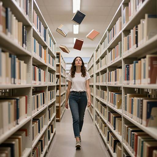 Photograph of a young woman with long brown hair, white t-shirt, and blue jeans walking down a library aisle with floating books. Bright fluorescent lights
