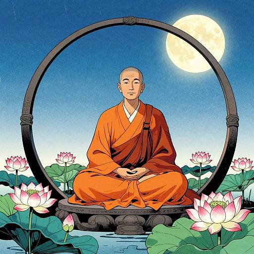 Digital illustration of a bald Buddhist monk in an orange robe, meditating in a black circular frame surrounded by pink lotus flowers and a full moon in