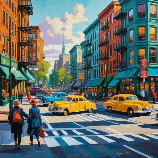 Vibrant City Street in Hopper's Style Vibrant City Street in Hopper's Style