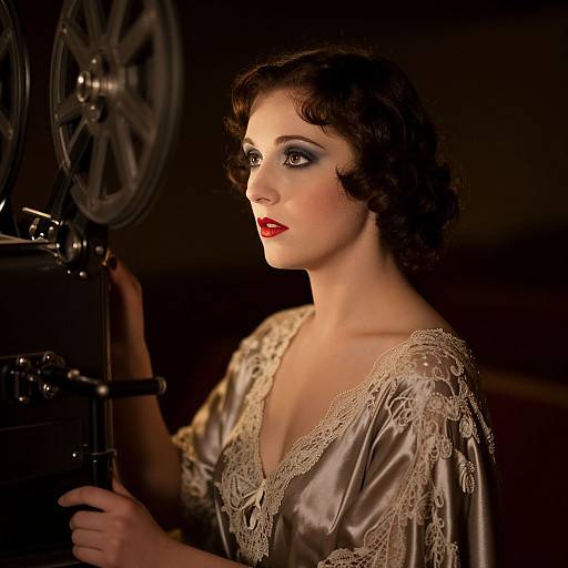 Vintage-style photograph of a fair-skinned woman with red lipstick, dark curled hair, and lace-trimmed satin robe, operating an old film camera