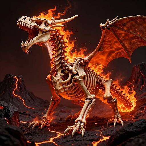 Digital artwork of a flaming, skeletal dragon with open mouth, sharp teeth, and orange wings, standing on a dark, lava-filled landscape.