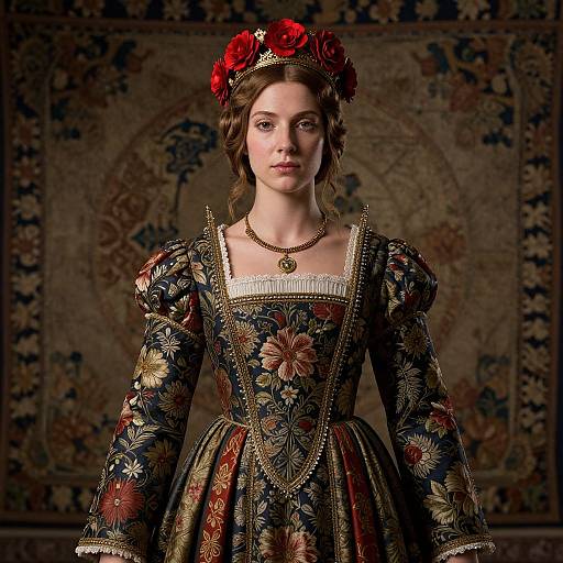 Photograph of a young woman in an elaborate Renaissance-style dress with floral patterns, red rose crown, gold necklace, and ornate background.