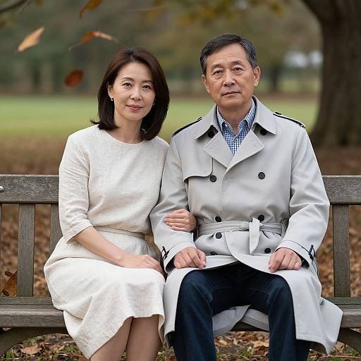Photograph of an Asian couple sitting on a wooden bench in a park during autumn; woman in white dress, man in white trench coat and checkered