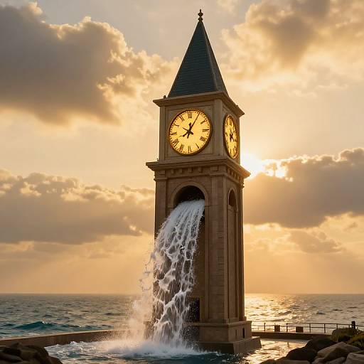 Photograph of a clock tower with a waterfall against a golden sunset sky, waves crashing below, and clouds illuminated by sunlight.