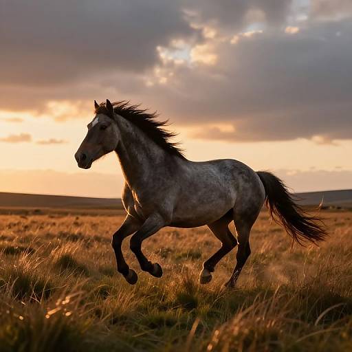 Photograph of a galloping gray horse with a black mane and tail, set against a sunset sky with orange and gray clouds over a grassy